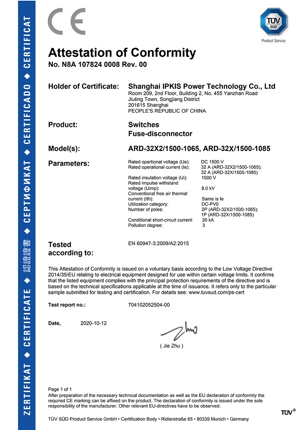 Certificado CE Interruptores Seccionadora de fusíveis